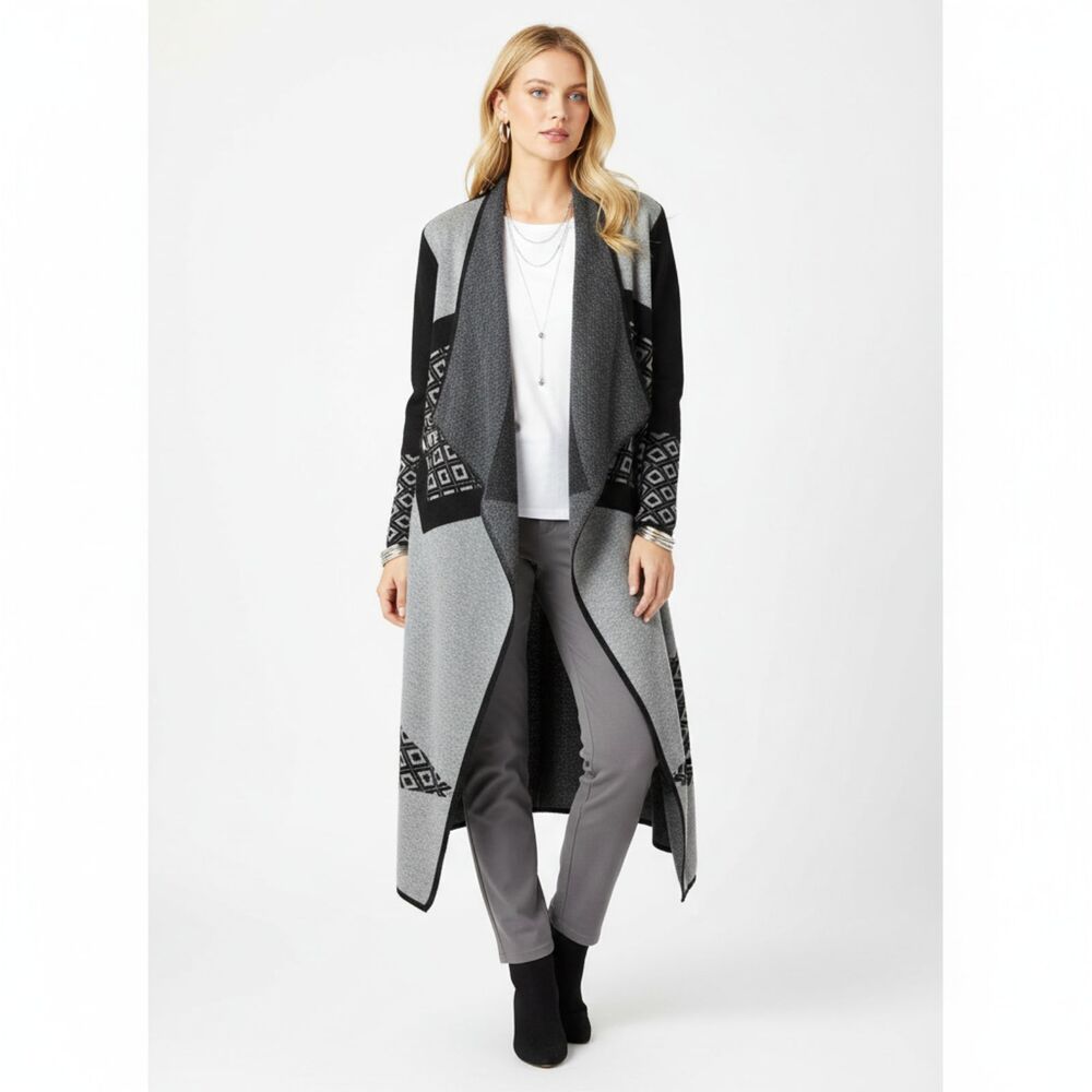 Gray & Black Print Open Front Asymmetric Waterfall Knit Duster Sweater S